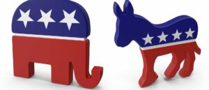 Abstract depictions of political elephant and donkey.