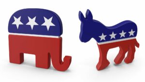 Abstract depictions of political elephant and donkey.