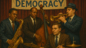 Illustration of four people playing instruments with a banner that says Democracy behind them.