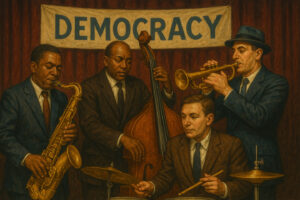 Illustration of four people playing instruments with a banner that says Democracy behind them.